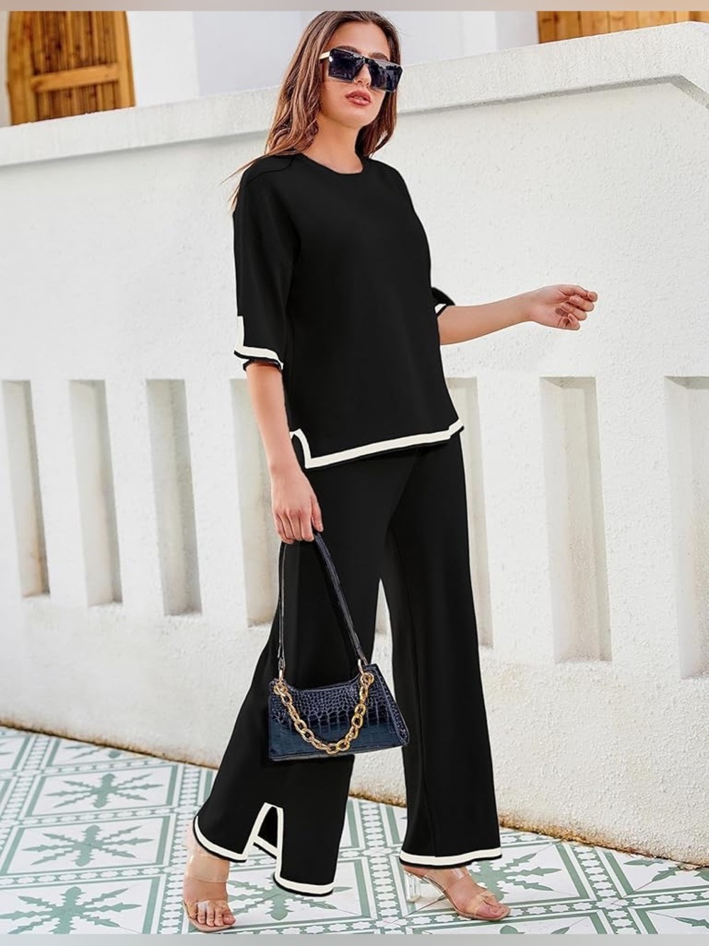 Classic Black Two-Piece Wide-Leg Pants Set with Contrast Trim